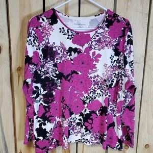Croft & Barrow Womens Long-Sleeve Top With Pink, Black And White Floral Size 2X